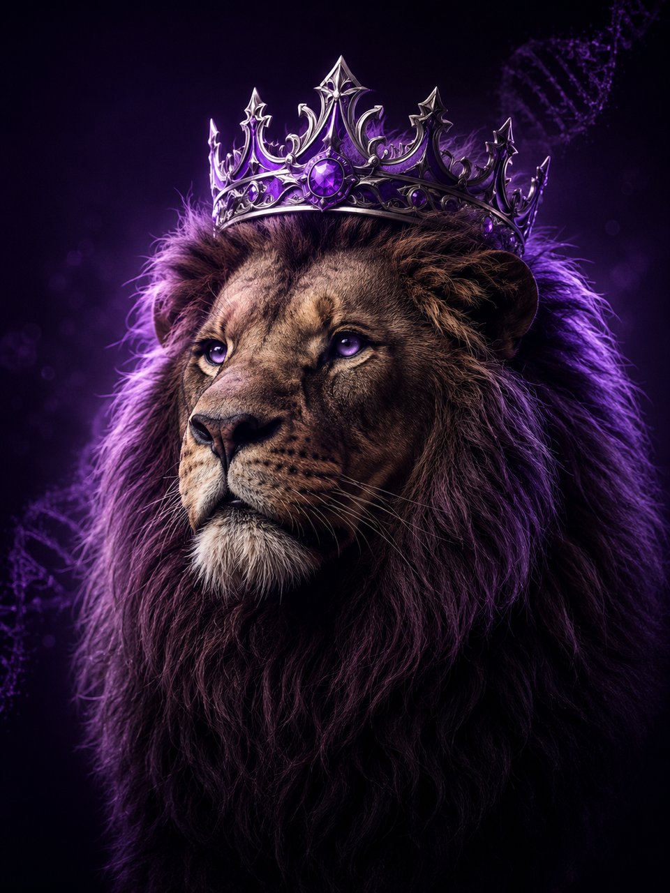 A majestic lion wearing a jeweled silver and purple crown against a dark purple background
